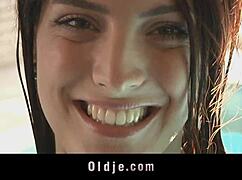 Sweet Redhead Teen Sucks Old Cock by the Poolside