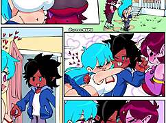 Threeway group linkup in comic style.