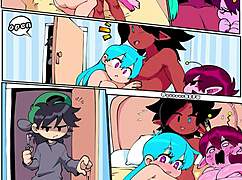 Threeway group linkup in comic style.