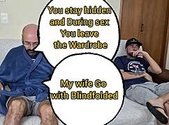 This husband invites a friend to watch his blindfolded wife in the bedroom, then joins the submissive action.