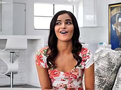 Skinny brunette babe rides big cock in missionary and cowgirl positions, getting her wet pussy destroyed for the first time.