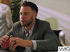 Busty brunette wife gets wet fantasizing about hot blonde during missionary fucking!