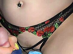 Milf Jerks Cock Before Riding Huge Dildo in Crotchless Panties, Moaning to Orgasm