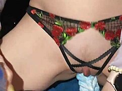 Milf Jerks Cock Before Riding Huge Dildo in Crotchless Panties, Moaning to Orgasm