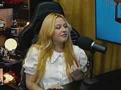 Branquinha viamms bends over on podcast table showing tight pussy