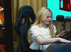 Branquinha viamms bends over on podcast table showing tight pussy