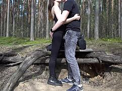 Pretty brunette sucks cock and rims ass outdoors intensely