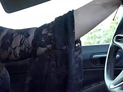 Brunette drives stick barefoot in public car. Outdoor feet fetish.