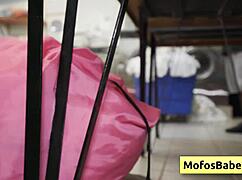 Nikki Mars and Jason Legend in a public laundromat scene