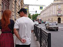 Vlogger gets sloppy bj in hallway from pretty chick with big tits, then rough fucks her outdoor with monster cock.