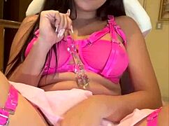 A beautiful latina in lingerie masturbates solo until she cums at home