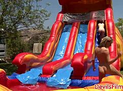 i wet lesbians strapon fucking in outdoors orgy, bent over and scissoring with oral and muff diving close up