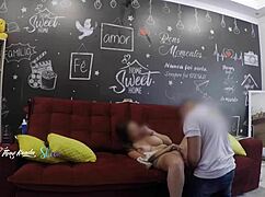 Hot Wife Recognized By Delivery Man, Lets Him Suck Her Big Tits On Living Room Sofa