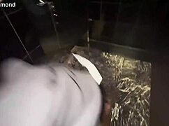 horny brunette swallows my cock in a hotel bathroom