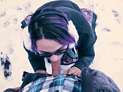 Teacher With Glasses Gives Public Blowjob In The Snowy City Park