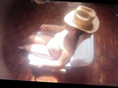 stepson jerks off and spills cum on stepmom's face while she rests in chair