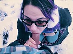 Teacher With Glasses Gives Public Blowjob In The Snowy City Park