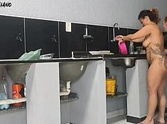 These curvy women in high heels seduce their friend for kitchen banging