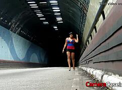 Hot Brunette Shows Off and FUCKS in Tunnel! Explains to Police!