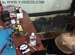 Latina blonde sucks technician's cock for payment