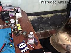 Latina blonde sucks technician's cock for payment