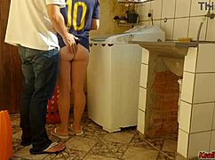 The brunette housewife pays the big cock technician with her pussy and dirty talk!