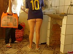 The brunette housewife pays the big cock technician with her pussy and dirty talk!