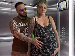Pregnant neighbor gives blowjob in elevator