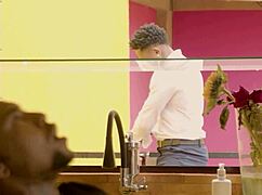 Transsexual in crossdressing outfit orgasms from big black cock anal fucking.