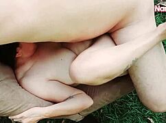 making love outdoors, fucking hard on the chair until creampie