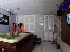 In the pub, this Latina with big tits gives a blowjob and gets creampied by a monster cock.