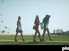 Petite teens participate in a group lesbian activity involving fingering and self-pleasure