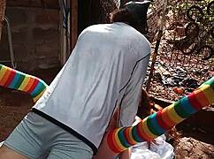 Latina amateur uses sex toy dildo on her ass in public outdoor setting