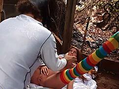 Latina amateur uses sex toy dildo on her ass in public outdoor setting