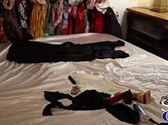 French amateur slut in satin thong gets deepthroat and toys