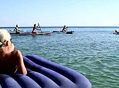 Nude Beach Blonde Bitch with Big Boobs and Dolphins Tattoo Exposed Outdoors