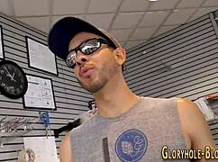 blonde at gloryhole sucks and jerks big cock in garage