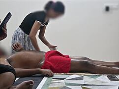 happy ending spa massage in front of customer lady 😏