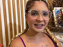 Young brunette explores new experiences at home