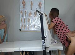 two naughty women visit gynecologist to have pussies played with