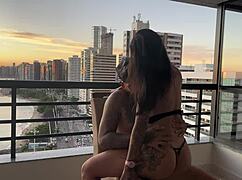 Beautiful babe with fat ass and small waist fucks in cowgirl at sunset