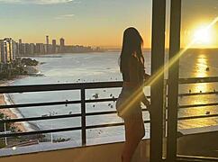 Beautiful babe with fat ass and small waist fucks in cowgirl at sunset