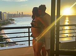 Beautiful babe with fat ass and small waist fucks in cowgirl at sunset