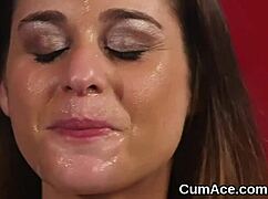 Spicy centerfold gets sperm load on her face swallowing all the charge 😍