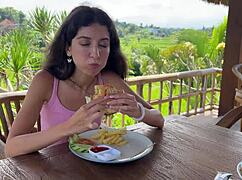 Cute Girl's Thrilling Public Exposure With Burger And Cum