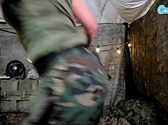 hey, this sexy amateur soldier fingers her shaved pussy hard in a combat tent