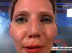 euro slut hops on the desk for a wild blowbang drilling by loaded cocks