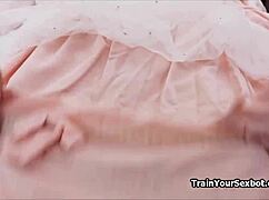 Curious couple tags team female bot