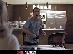 The blonde babysitter says, 'fuck me, cheating husband, i want your cock inside me' while riding him