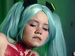 horny slutty doll rebecca nikson fingers her shaved pussy in cosplay